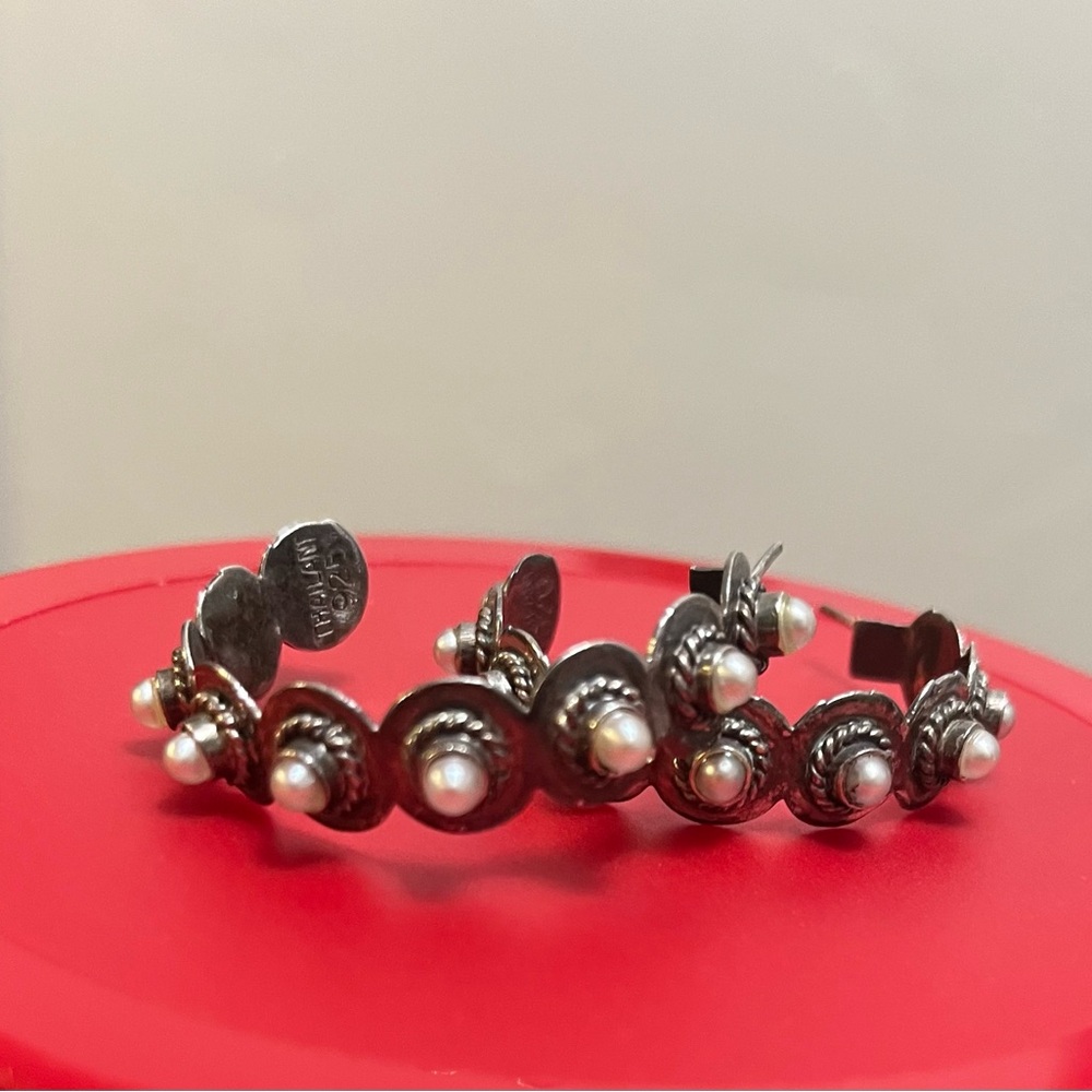 Vintage Sterling Silver and Pearl Hoop Earrings Chic Edgy Native American vibes - Picture 1 of 10